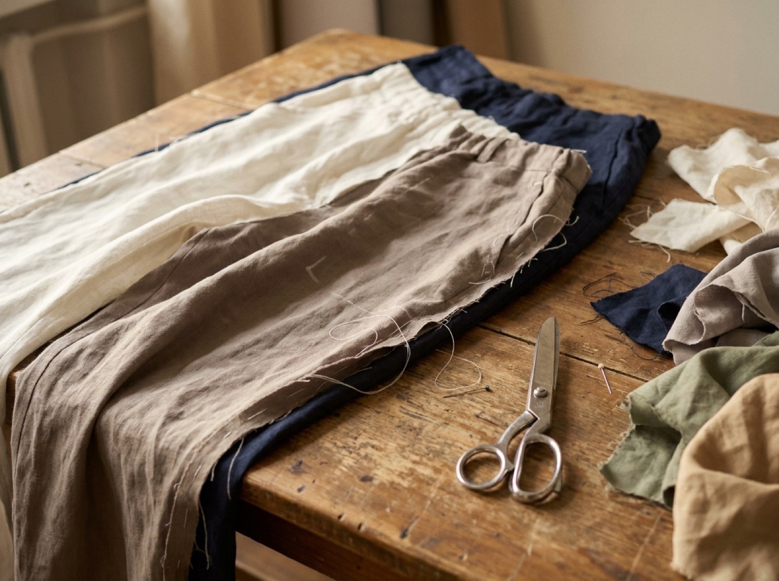 Linen blend cut and sewn by hand