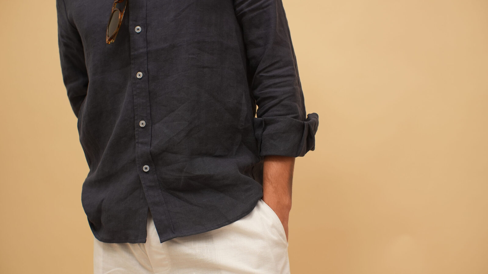 Men's dress shirt in navy with white pants, linen blend