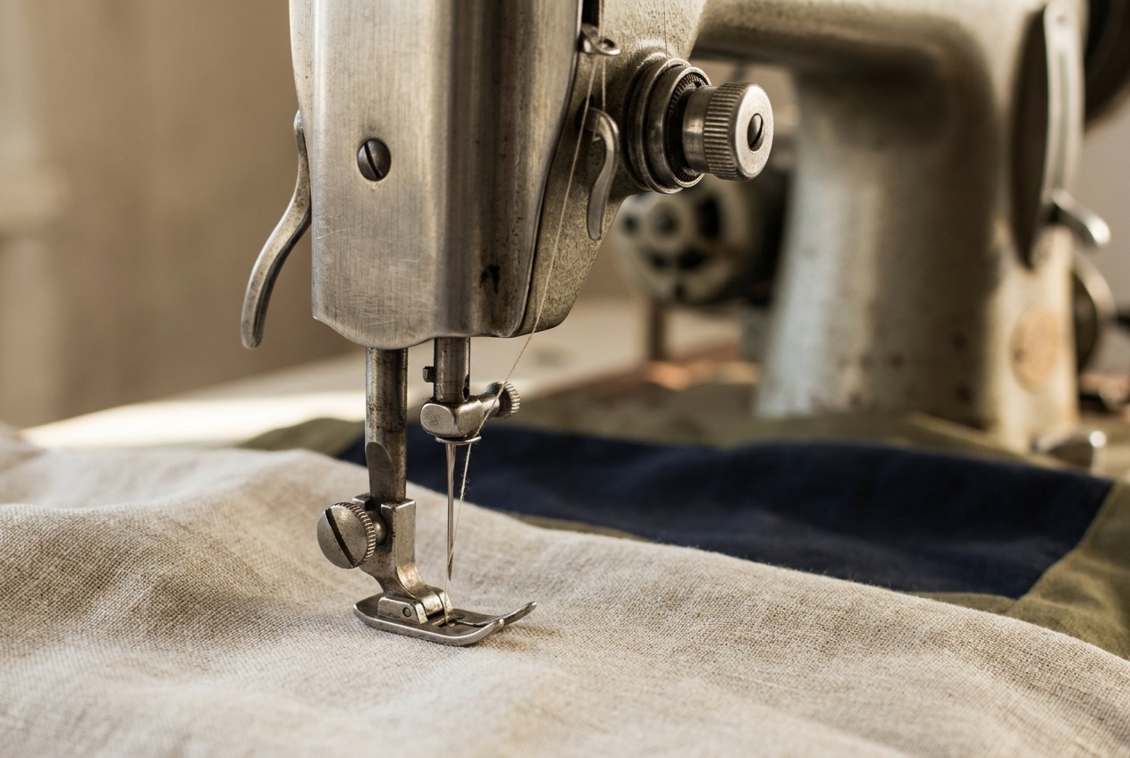 Vintage sewing machine stitching linen-blend fabric
